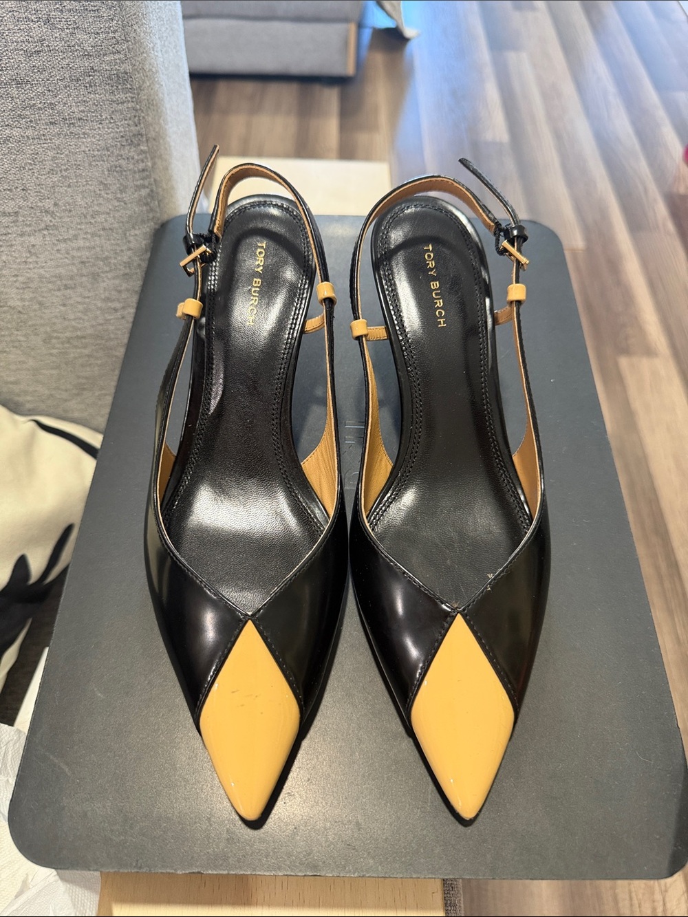 Tory Burch Black and Yellow Pointed Slingback Pumps